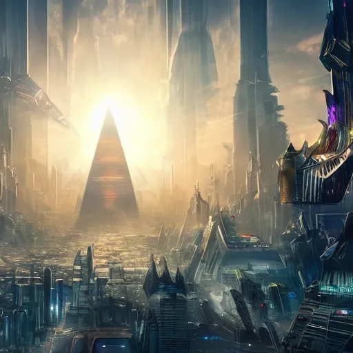 Prompt: a scene of the beautiful intricate epic futuristic city with a huge cyber sphinx dominating the scene, floating cyber pyramid ships, hyper detailed, cinematic lighting