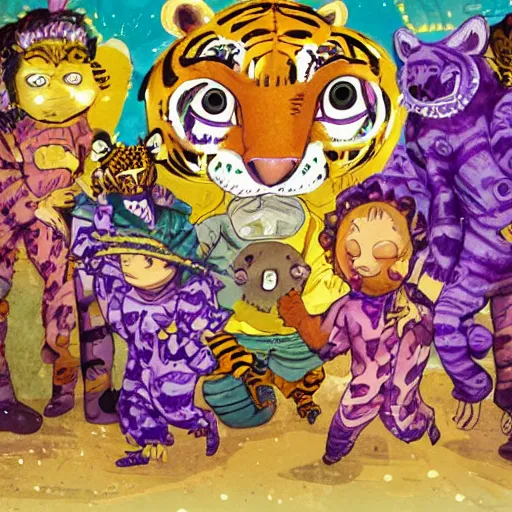 Image similar to an old 6-eyed child in pajamas runs through purple water from a dog with a tiger head, surrounded by people with claws in masquerade masks