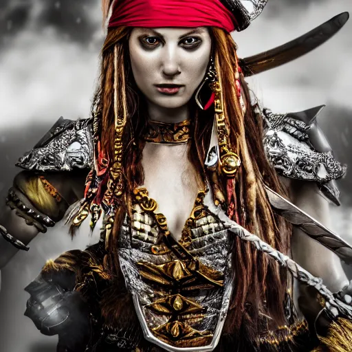 Prompt: beautiful pirate queen with ornate armour, highly detailed, 4k, HDR, smooth, sharp focus, hyper realistic, high resolution, award-winning photo