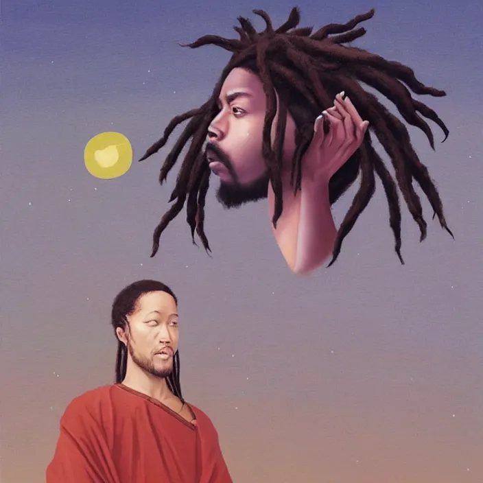 Prompt: UFO hovering around an African Jesus with dreadlocks, painting by Hsiao-Ron Cheng,