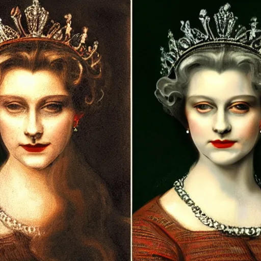 Image similar to the picture of Dorian gray but with queen Elizabeth Ii, Matte painting, by Leonardo da Vinci