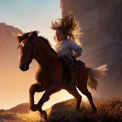 Image similar to spirit, the brown wild horse with white pastern flexion from the spirit movie, with the young girl lucky on his back galloping next to a canyon into the sunset, movie poster, intricate detail, 8 k, trending on artstation, octane render