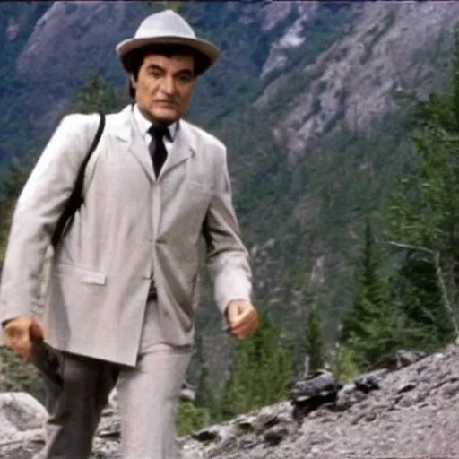 Prompt: still image of detective columbo hiking