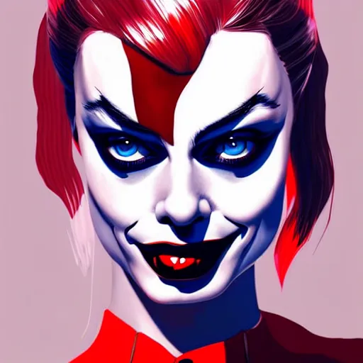 Prompt: Margot Robbie as Harley Quinn, highly detailed, digital painting, artstation, concept art, smooth, sharp focus, illustration, art by yoji shinakawa and frank miller, black and white, red