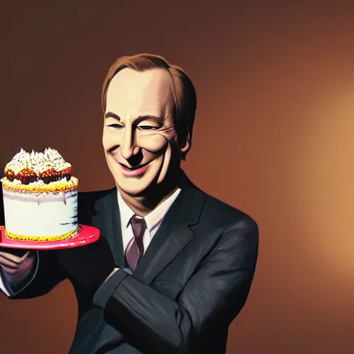 Image similar to bob odenkirk, smiling, holding a birthday cake, anime art, trending on artstation