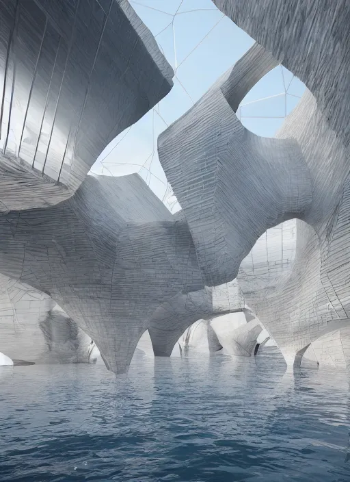 Image similar to virtual art exhibition, architecture installation in biennale venezia, bioremediation white mining tailing futuristic horizontal architecture, epic, cinematic, hyperealistic, high detailed, corona render, hdr, ray tracing