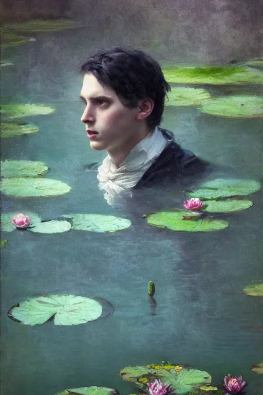 Image similar to detailed cinematic moody colors studio portrait of a young victorian gentleman in a beautiful victorian water pond, water lilies, high quality by jeremy mann, only one head single portrait