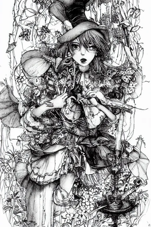 Image similar to happy Alice in wonderland tarot card , pen and ink, intricate line drawings, by Yoshitaka Amano, Ruan Jia, Kentaro Miura, Artgerm, watercolor