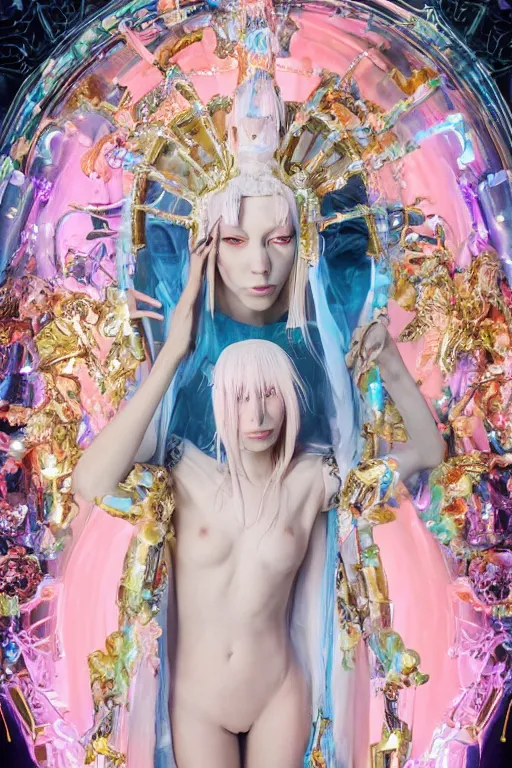 Image similar to photo of full-body baroque and cyberpunk delicate neon crystalline sculpture of ((beautiful feminie albino Spanish princess)) as an onyx humanoid deity wearing ((peach plastic hooded cloak)) (holding an onyx skull) in a onyx aztec temple, reclining, glowing blue face, crown of (pink lasers), large blue diamonds, swirling black silk fabric. futuristic elements. oozing glowing liquid, full-length view. space robots. intricate artwork by caravaggio. Trending on artstation, octane render, cinematic lighting from the right, hyper realism, photorealistic, octane render, 8k, depth of field, 3D