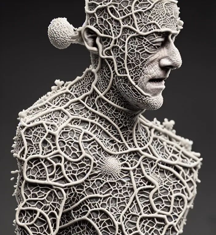 Image similar to Frankenstein , A Close up photo-real delicate ceramic porcelain sculpture of a symmetrical ornate detailed in front of an intricate background by Victo Ngai and takato yamamoto, micro detail, backlit lighting, face in focus, subsurface scattering, translucent, thin porcelain, octane renderer, colorful, physically based rendering, japanese pottery, trending on cgsociety