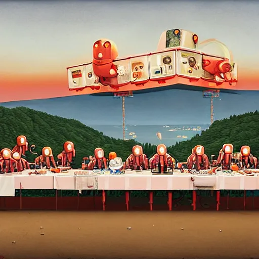 Image similar to the last supper with robots by simon stalenhag