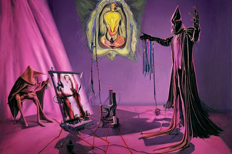 Image similar to a masterpiece painting in the laboratory of a technomancer wizard, in dazzle camouflaged robes, pointed hoods, he discusses sentience with his al djinn by remedios varo and anato finnstark and greg rutkowski and andy warhol and francis picabia. dayglo pink blue, prismatic, pearlescent, raven black, glowing, hyperrealism, trending on artstation