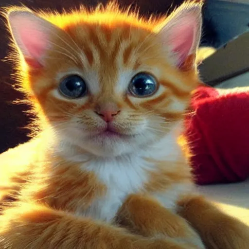 Image similar to cute fluffy orange tabby kitten with a sign that says