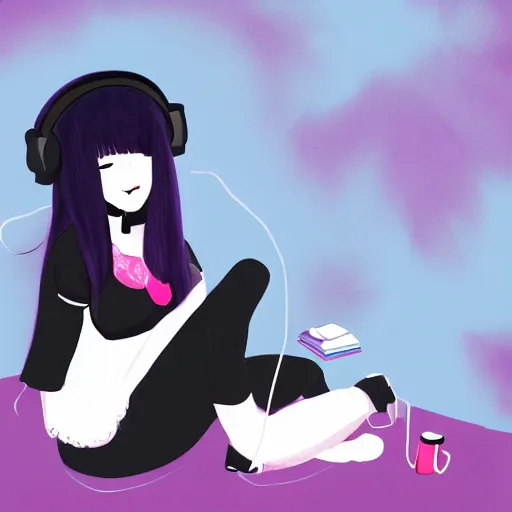 Prompt: lofi hiphop girl sitting in her room with headphones on by Wenqing Yan