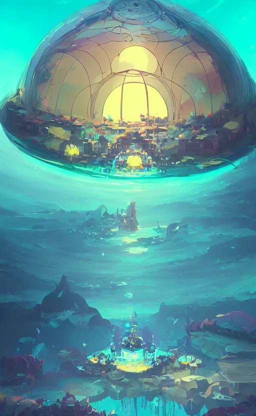 Prompt: thriving atlantis under a beautiful glass dome on the ocean floor, webtoon, art by anton fadeev and ghibli