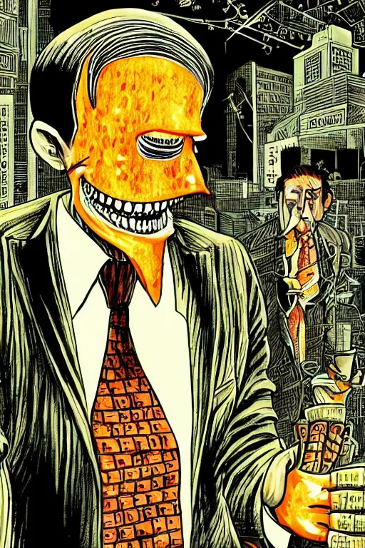 Prompt: junji ito illustration of an orange-headed businessman, creepy face, cyberpunk city