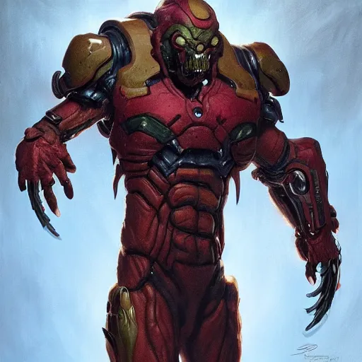 Image similar to doom eternal, mutant, tubes fused with the body, front view, painted by stanley lau, painted by greg rutkowski, painted by stanley, artgerm, masterpiece, digital art, trending on arts