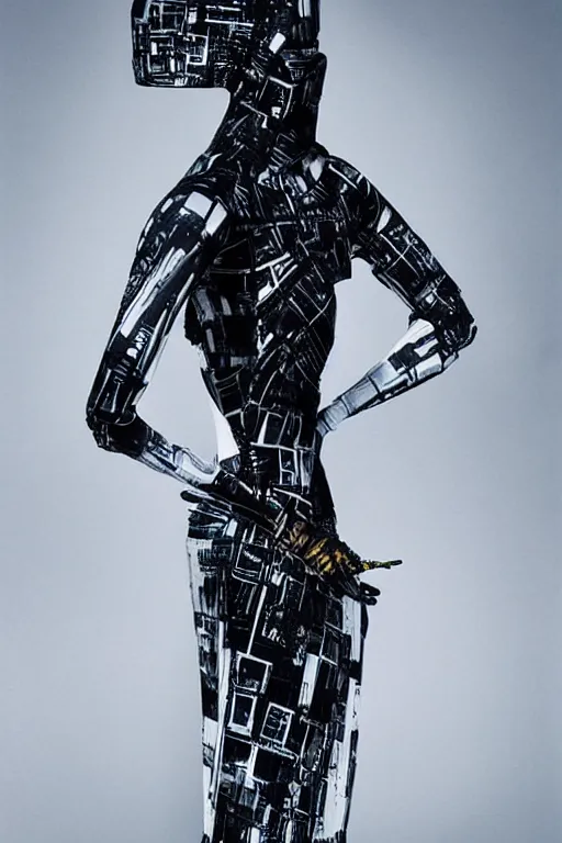 Image similar to futuristic haute couture dress styled by iris van herpin, yoji shinkawa