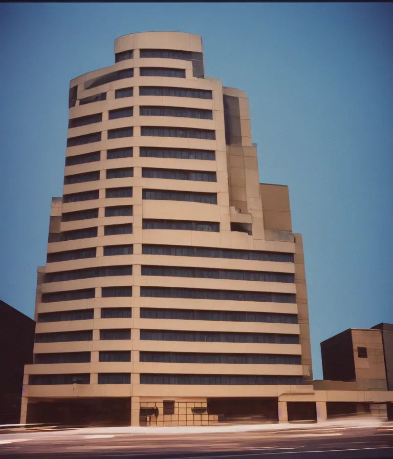 Prompt: office building exterior shaped like an art deco toaster, cinestill 800t 50mm eastmancolor, liminal space