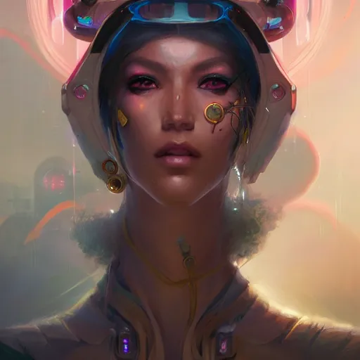 Prompt: a portrait of a beautiful cybernetic gypsy, cyberpunk concept art by pete mohrbacher and wlop and artgerm and josan gonzales, digital art, highly detailed, intricate, sci-fi, sharp focus, Trending on Artstation HQ, deviantart, unreal engine 5, 4K UHD image