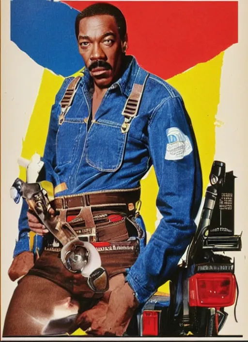 Image similar to an 8 0's john alvin action movie poster starring eddie murphy face as a plumber to rich people. bathroom. overalls. tool belt. the movie is called beverly hills crap