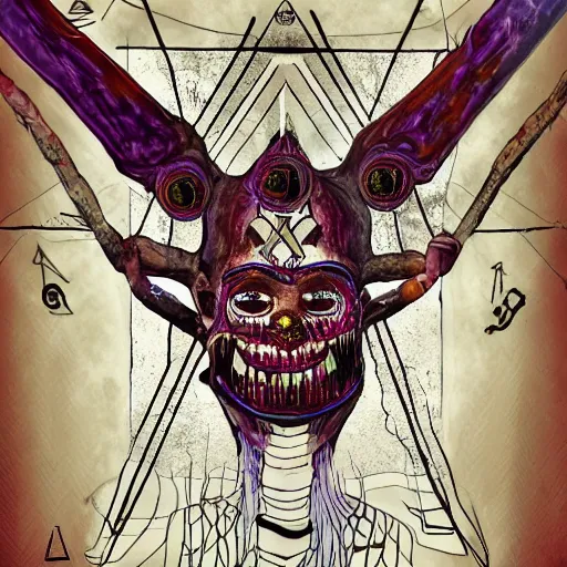 Image similar to portre of an autistic demon on acid, masonic and kabalistic symbols in background, digital art, 8k, delicate details