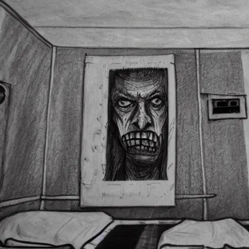 Prompt: prison cell with walls covered in pencil drawings of scary monsters. prison inmate scribbling on a piece of paper in the corner of the cell