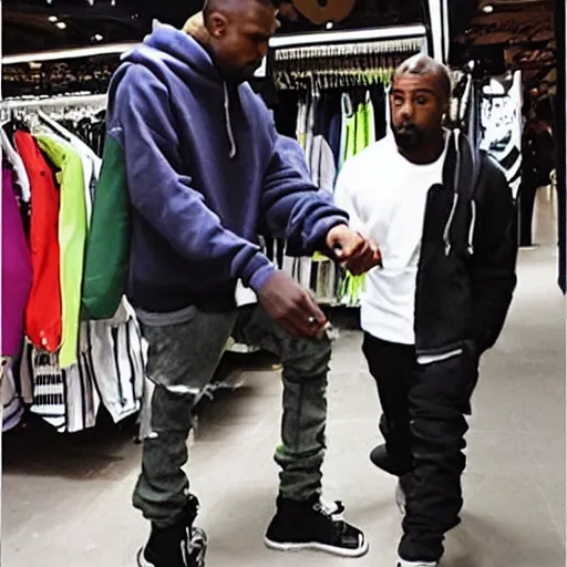 Prompt: surveillance footage of Kanye West shopping for Shows at Foot Locker