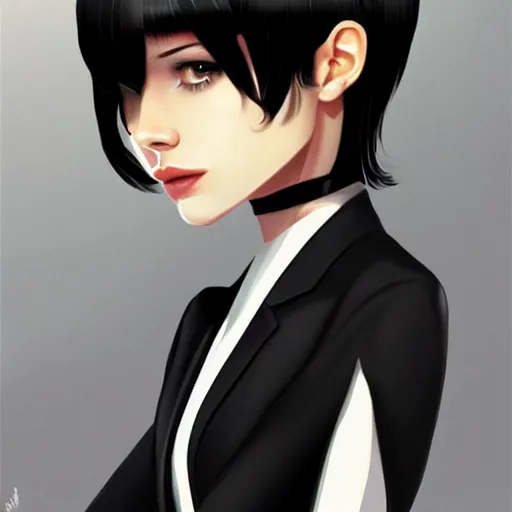 Image similar to beautiful slim cruel business girl in tuxedo with black bob hair, elegant, 2d, ultra highly detailed, digital painting, smooth, sharp focus, artstation, trending on artstation, art by Ilya Kuvshinov