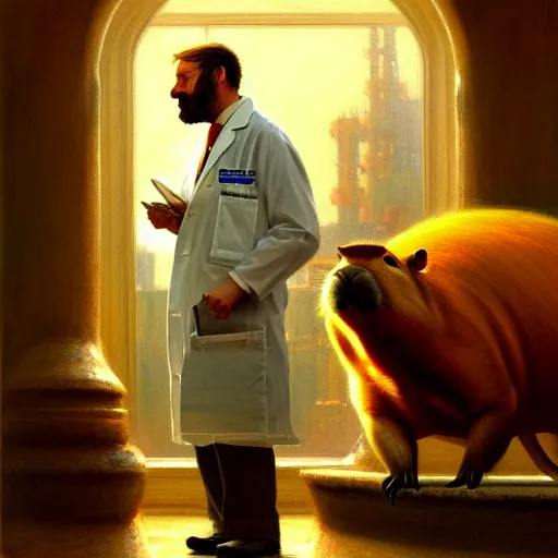 Image similar to portrait of a proud old capybara doctor working in a chemical lab, artwork by gaston bussiere, craig mullins, trending on artstation, capybara dressed as a scientist