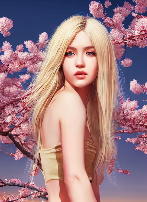 Image similar to photo of a gorgeous blonde female in the style of stefan kostic, realistic, half body shot, sharp focus, 8 k high definition, insanely detailed, intricate, elegant, art by stanley lau and artgerm, extreme blur cherry blossoms background