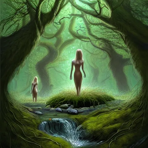 Prompt: beautiful digital fantasy illustration of A woody green field with a stream running through it, with a group of dryad women standing in the water. They seem to be preparing to submerge themselves in the cool, clear waters of the stream. a creepy creature standing in front of a mirror!, concept art by Alex Horley-Orlandelli!!, cgsociety, fantasy art, highly detailed, soft lighting, rendered in octane, masterpiece, very very very aesthetic