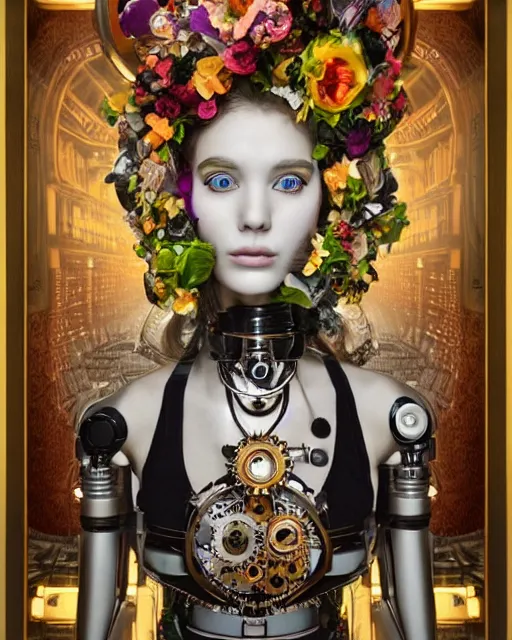 Image similar to portrait of a beautiful young cyborg woman with a big steampunk flower crown and part mechanical face , Metropolis, in the style of Mario Testino