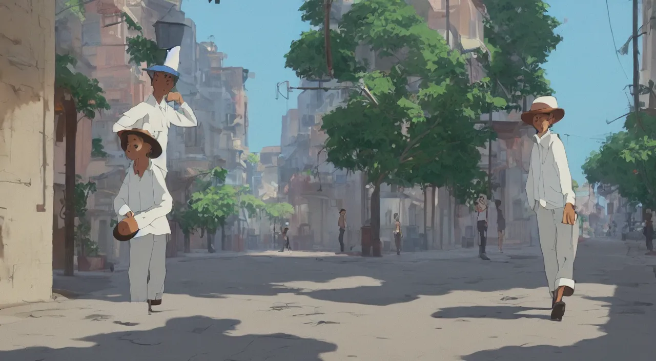 Prompt: a young man wearing a canotier cuban hat, crisp white linen shirt and slacks, leather boots, walking in a havanese stree in 1 9 0 0, genndy tartakovsky, atey ghailan, goro fujita, studio ghibli, rim light, mid morning lighting, clear focus, very coherent