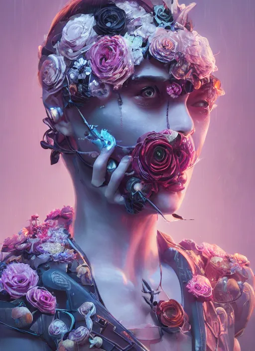 Prompt: portrait of a seductive female with flowers, cyberpunk cyborg. roses, muted colors, sci fi, intricate abstract upper body intricate artwork, by tooth wu, wlop, beeple, dan mumford. concept art, octane render, deviantart, greg rutkowski, cinematic arthouse, key art, hyper realism