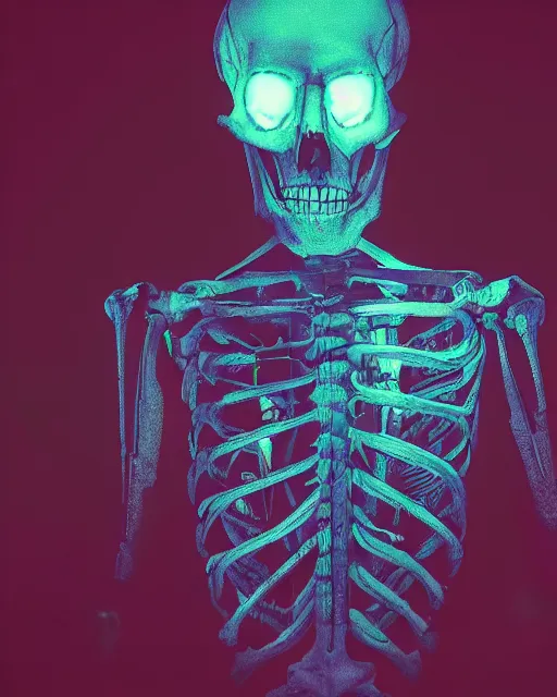 Image similar to dramatic cyberpunk portrait of a skeleton in a suit, red green blue color glow, atmospheric haze, intense shading, backlit