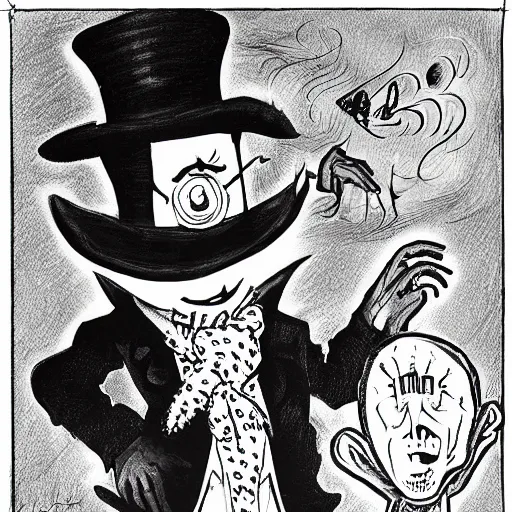 Image similar to a Pop Wonder scary horror themed goofy-hilarious-character Mad-Hatter-babadook-wearing a scarf, 3-piece-suit, dime-store-comic drawn with charcoal and pen and ink, half-tone-line-stacking