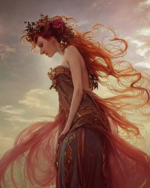 Image similar to a beautiful close up portrait of a sorceress floating on air with elegant looks, flowing robe, ornate and flowing, intricate and soft by ruan jia, tom bagshaw, alphonse mucha, wlop, beautiful roman architectural ruins in the background, epic sky, vray render, artstation, deviantart, pinterest, 5 0 0 px models