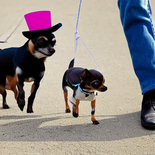 Image similar to a Chihuahua with a top hat walking a person on a tightrope