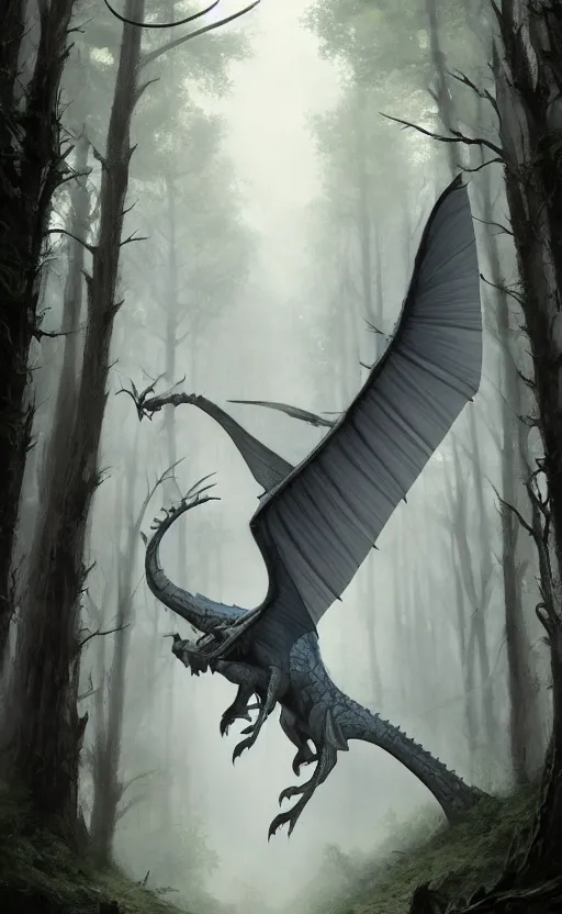 Prompt: wyvern in a dark forest, soft grey and blue natural light, intricate, digital painting, artstation, concept art, smooth, sharp focus, illustration, art by greg rutkowski and luis rollo and gil elvgren, symmetry!