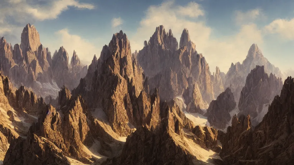 Image similar to Trending on artstation, beautiful Mountains, Dolomites, detailed matte painting, oil on canvas