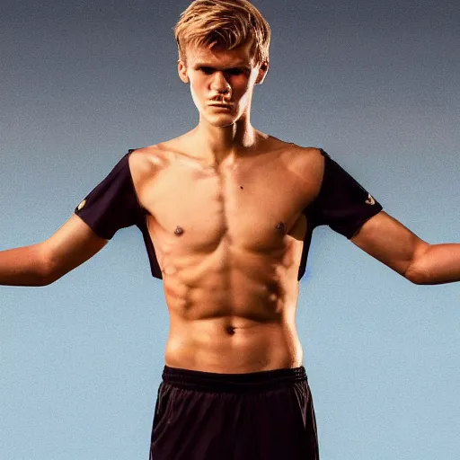 Image similar to a realistic detailed photo of a guy who is an attractive humanoid who is half robot and half humanoid, who is a male android, soccer player martin ødegaard, shiny skin, posing like a statue, blank stare, in a living room, on display, showing off his muscles