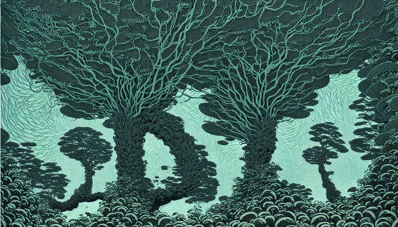 Prompt: giant fern tree by woodblock print, nicolas delort, moebius, victo ngai, josan gonzalez, kilian eng