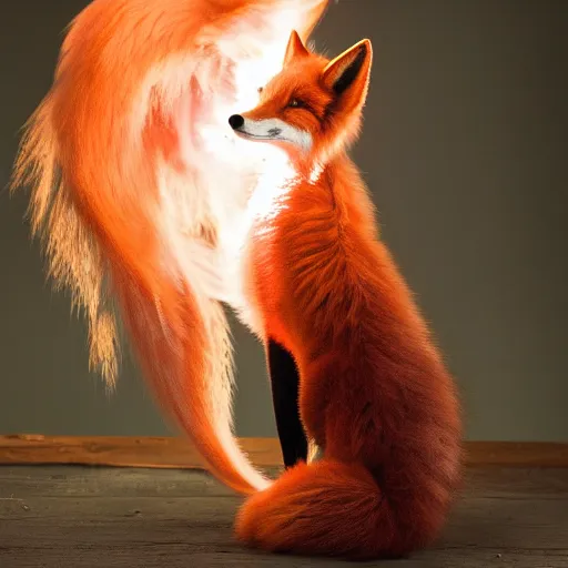 Prompt: A flaming fox standing and posing for the photo, dark background