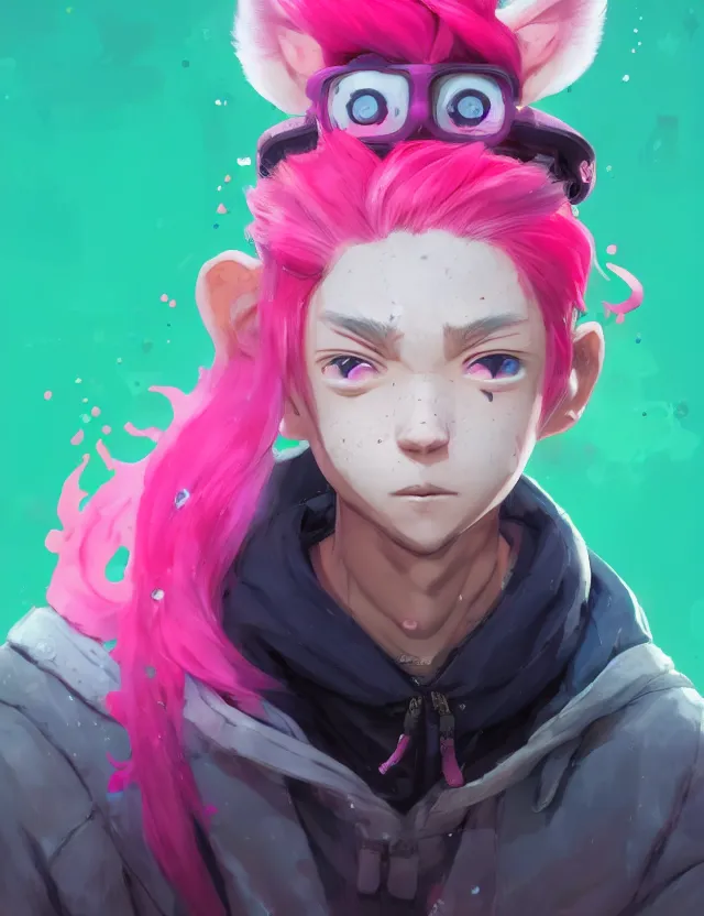 Image similar to a beautiful headshot portrait of a cute splatoon anime male with pink hair and pink wolf ears green eyes piercings wearing a hoodie. character design by cory loftis, fenghua zhong, ryohei hase, ismail inceoglu and ruan jia. artstation, volumetric light, detailed, photorealistic, fantasy, rendered in octane