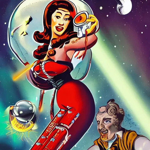 Image similar to old school, traditional style flashes of pinup girl in space holding a lazer pistol by sailor jerry, marina goncharova, vic james, electric martina, heath clifford, filip henningsson, kimi vera