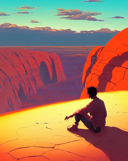 Prompt: man sitting at uluru, medicine drum, night sky, small fire, cosmic sky, behance hd by jesper ejsing, by rhads, makoto shinkai and lois van baarle, ilya kuvshinov, rossdraws global illumination radiating a glowing aura global illumination ray tracing hdr render in unreal engine 5