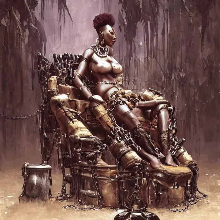 Prompt: postapocalyptic beautiful african domme mistress in her throne, full body, ebony skin, rubber and latex, chains, smooth white surroundings, smooth, concept art, realistic painting, digital art by greg rutkowski, by junji ito