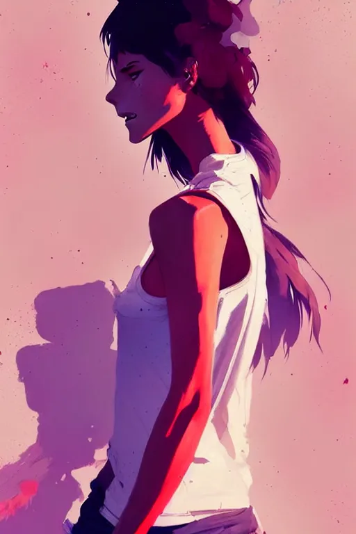 Image similar to a ultradetailed beautiful painting of a stylish woman with a white tank top, by conrad roset, greg rutkowski and makoto shinkai trending on artstation