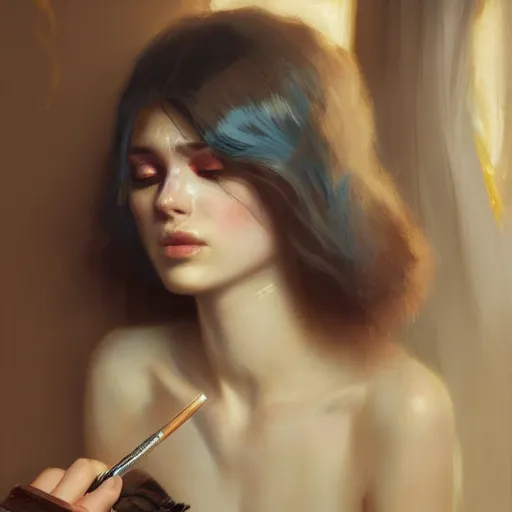 Prompt: Portrait of a melancholic woman, putting on her makeup in an unorthodox manner, illustrated by Greg Rutkowski and Gaston Bussiere, trending on artstation, 4k, 8k